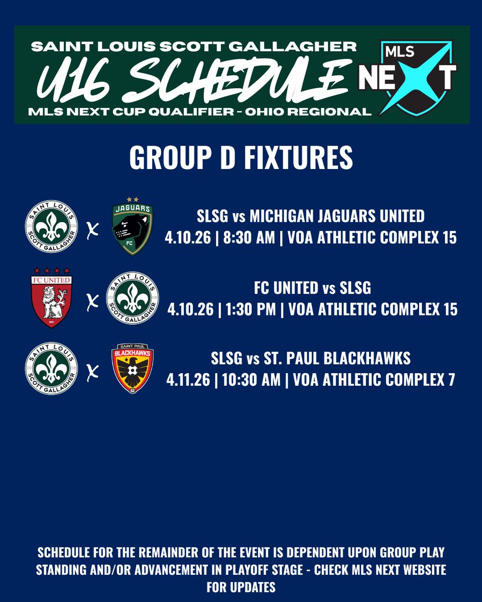 College Coaches: <a href="/SLSGSoccerClub/">Scott Gallagher Soccer Club</a> will be in action at the <a href="/MLSNEXT/">MLS NEXT</a> Cup Qualifier in Ohio this weekend - come out and check out the groups, lots of talent and players that will fit into programs of every level. 

#recruiting #mlsnext #ncaasoccer #collegesoccer #uncommitted