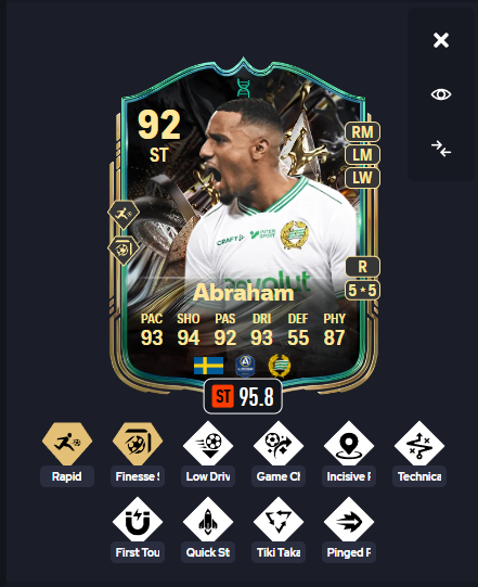 xBraedenFC_'s tweet photo. 🚨 LAB ALERT 🚨

ABRAHAM IS CRAZY 🇸🇪🔥

CAN PLAY ST / RW / LM / LW 💀

95.8 META 📈

94 shooting… WITH RAPID + 😳

Finesse+ 🥶

-Quick Step 🚀
-Technical
-First Touch
-Low Driven
-Tiki Taka
-Pinged Pass
-Incisive
-Gamechanger 

93 Pace ⚡
94 Finishing 🥶
AGILE + FAST + CLINICAL 😮‍💨

This card COOKS every defender 😈

#EAFC #EVO #Meta