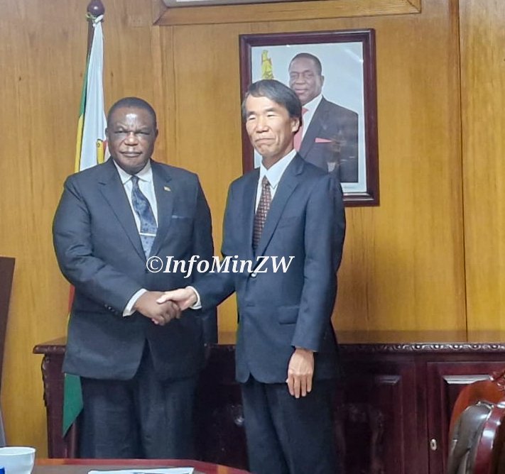 InfoMinZW's tweet image. Japanese Ambassador to Zimbabwe, H.E. Nobutaka Maekawa, paid a courtesy call on V.P Gen. (Retd) Dr. C.G.D.N. Chiwenga at his Munhumutapa offices in Harare. Discussions centred on possible cooperation in human capital development, with a special focus on AI. 
#Engagement