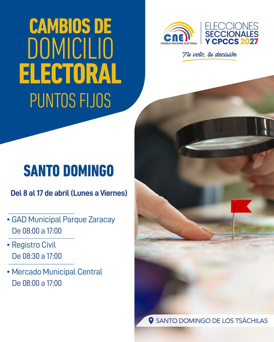 #DecideVotarCerca 📍🗳️
En #SantoDomingo #CambiaTuDomicilioElectoral del 8 al 17 de abril 🗓️.
Acércate al #GadMunicipal en el parque #Zaracay, #RegistroCivil o al #MercadoMunicipal🏢 y vota más cerca de casa 🏡en las #Elecciones2027Ec y de #CPCCS✅.
👇