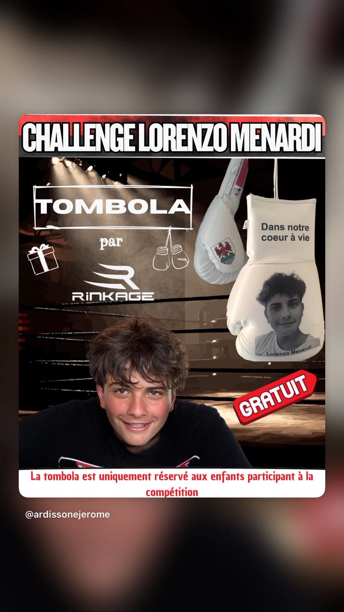 🥊 CHALLENGE LORENZO MENARDI – SAMEDI 25 AVRIL 🥊

Nous sommes très fiers de vous annoncer l’organisation du Challenge Lorenzo Menardi, un événement unique qui réunira quasiment tous les clubs de boxe pieds-poings du département 🔥