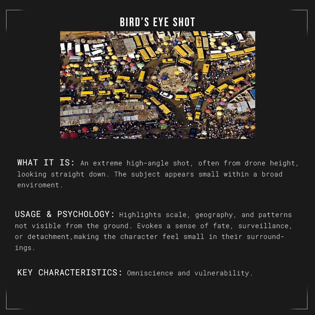 ⬇️ BIRD'S EYE
Extreme height. Makes your subject feel small, fate-driven, detached. Use for scale or isolation.
