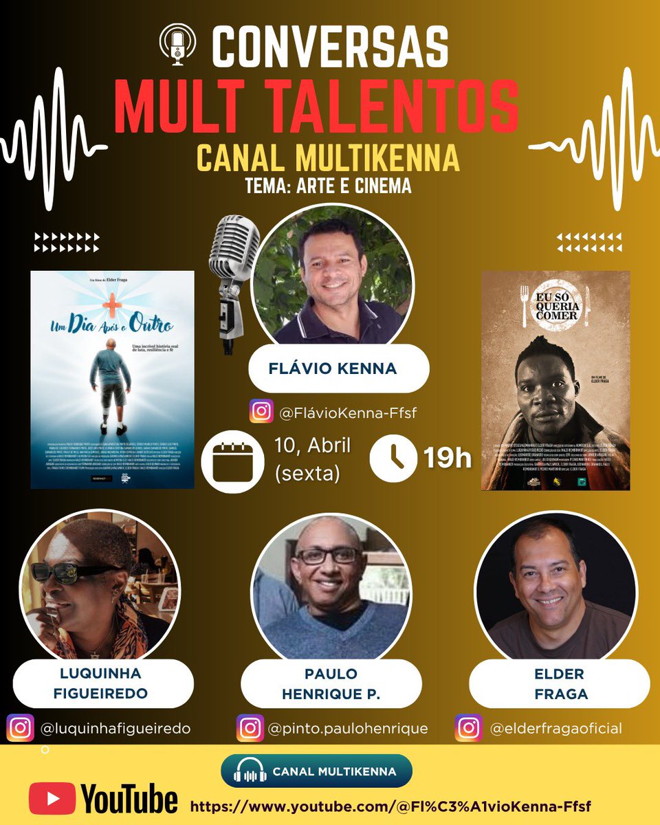 CONVERSAS MULT TALENTOS – ARTE, CINEMA E VERDADE
É um encontro de histórias que atravessam a pele, a fé e a resistência.

Sob a condução de Flávio Kenna, o cinema deixa de ser só imagem e vira testemunho.

Dia 10 de abril (sexta), às 19h. AO VIVO
Canal no YouTube