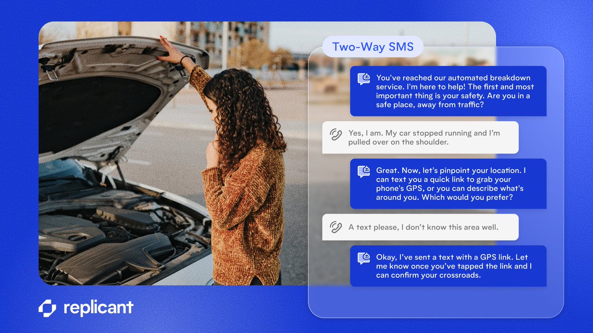 Replicant_AI's tweet photo. Some customer service flows—like confirmations,  updates, and geolocation—are faster to complete over text than on a live call.

With Replicant, AI Agents can keep the conversation going across channels without losing context: https://t.co/m0c5ALGlS8 https://t.co/is5DAbS8pT