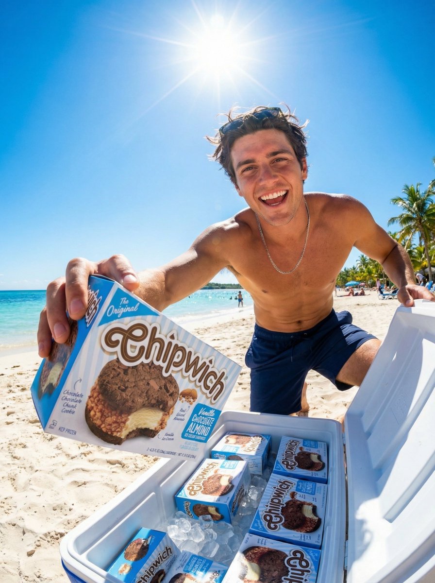Theorigchipwich's tweet image. Beach party rule #1: whoever brings the #Chipwich is the favorite person. Vanilla Chocolate Almond in the cooler, summer officially started. #VanillaChocolateAlmond #TheOneAndOnly #BeachParty #IceCreamTok