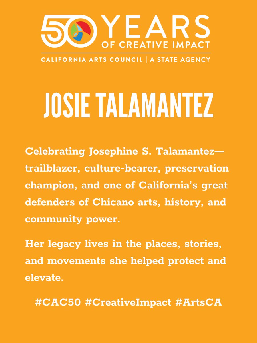 CalArtsCouncil's tweet image. Celebrating Josephine S. Talamantez—trailblazer, culture-bearer, preservation champion, and one of California’s great defenders of Chicano arts, history, and community power.

#CAC50 #CreativeImpact #ArtsCA