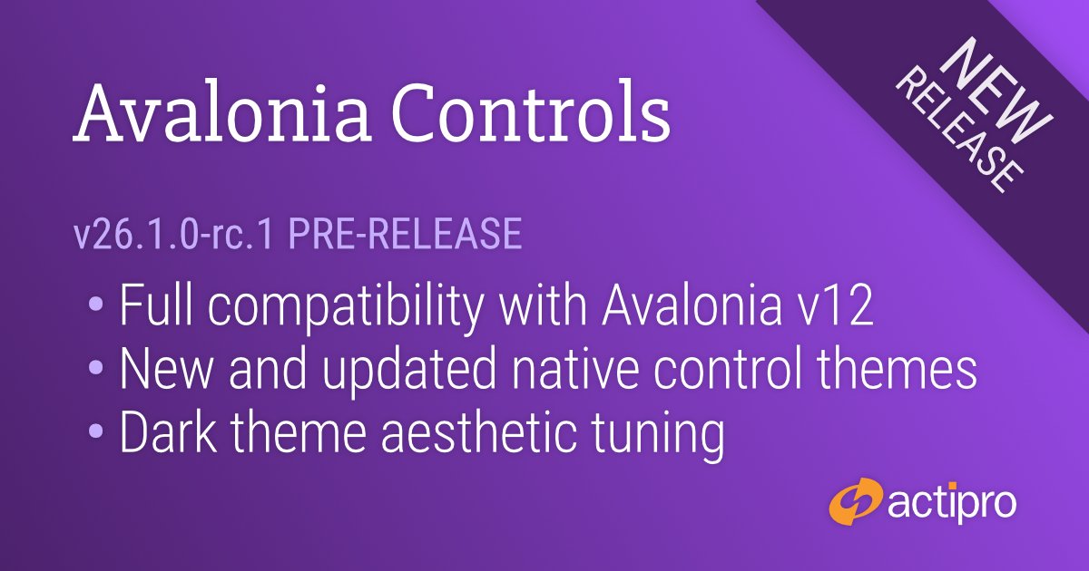We've just published a prerelease build of our Actipro Avalonia Controls v26.1 that targets <a href="/AvaloniaUI/">Avalonia UI</a> v12 released yesterday. This new version also brings some great new features and more coming soon too! Learn more in our blog post:
actiprosoftware.com/blog/post/2673…