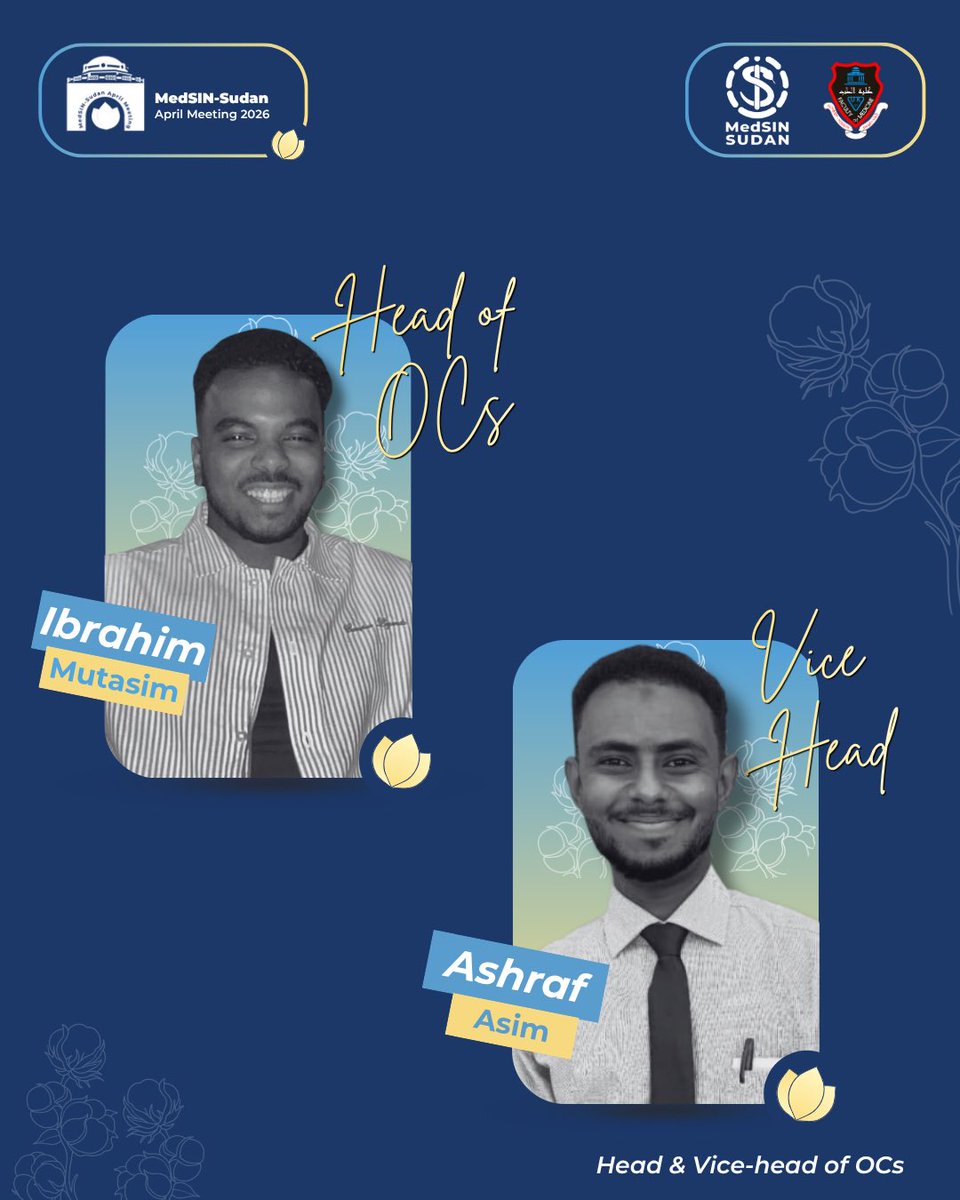 MedSINSudan_GA's tweet photo. 🌟𝐌𝐞𝐞𝐭 𝐭𝐡𝐞 𝐎𝐂𝐬!

Dear MedSIN-Sudan family,
We are happily presenting you with the organizing committee for MedSIN-Sudan’s 35th General Assembly - April Meeting 2026, hosted by Khartoum Medical Students’ Association (KMSA). https://t.co/jeNlEWw9UA