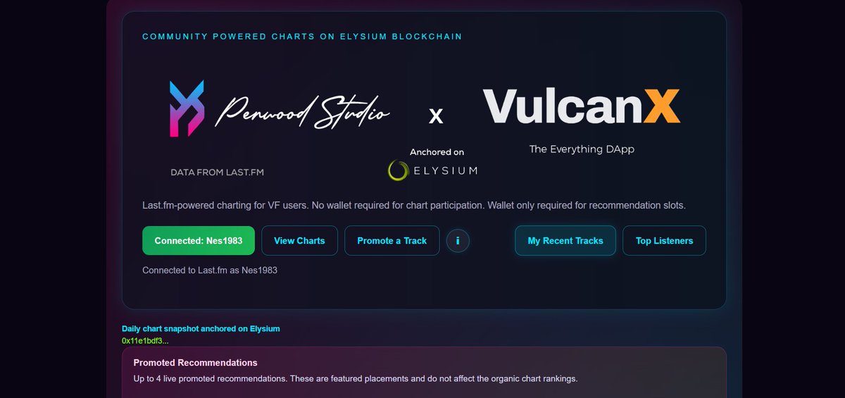 PenwoodStudio's tweet photo. We've released the beta build of our community music chart dApp!
Listen to music? ✅
Use @lastfm? 👀
Then join in on our Discord - chart data is anchored on @Elysium_VF blockchain 🔥 https://t.co/JTvCJYmgfo