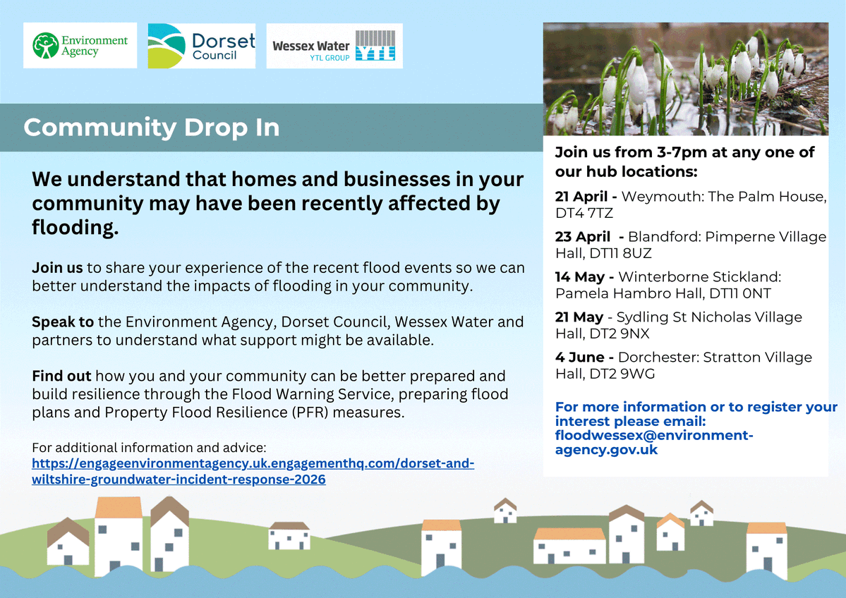 Flooded this winter in Dorset? 
Join our free drop-in events this spring to get support and advice. 
No registration needed, just turn up 3–7pm.
📍 21 Apr – Weymouth 
📍 23 Apr – Blandford 
📍 14 May – Winterborne Stickland 
📍 21 May – Sydling St Nicholas
📍 4 Jun – Dorchester