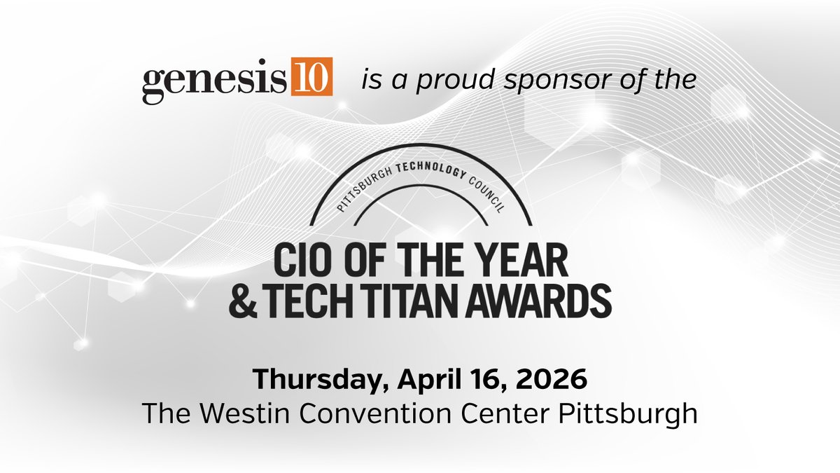 Genesis10Corp's tweet photo. Genesis10 is proud to sponsor the CIO of the Year and Tech Titan Awards again this year. It’s always a great night recognizing the leaders shaping Pittsburgh’s tech community.

We’ll be there Thursday, April 16 at the Westin Convention Center.

 #Genesis10 #PittsburghTech https://t.co/cW8u1Pk7LT