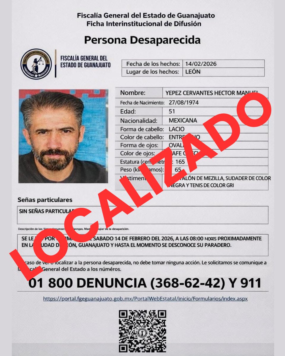 TV4NotiOficial's tweet image. #LOCALIZADO ✅ | El maestro Héctor Manuel Yépez Cervantes fue encontrado con vida, luego de haber sido reportado como desaparecido desde el pasado 14 de febrero en #León, Guanajuato.

La familia agradeció el acompañamiento y la empatía recibida durante estos días. 🙏

#4Noticias