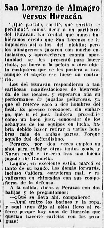 lafinalbastarda's tweet photo. Crónica del diario "Crítica" del primer clásico oficial entre Huracán y San Lorenzo (1-3), jugado en cancha de Ferro el 24/10/1915. Mariano Perazzo, goleador cuervo, declaró en broma al final del partido que en una valija se llevaba al árbitro para evitar el linchamiento quemero. https://t.co/94rMngTkEJ
