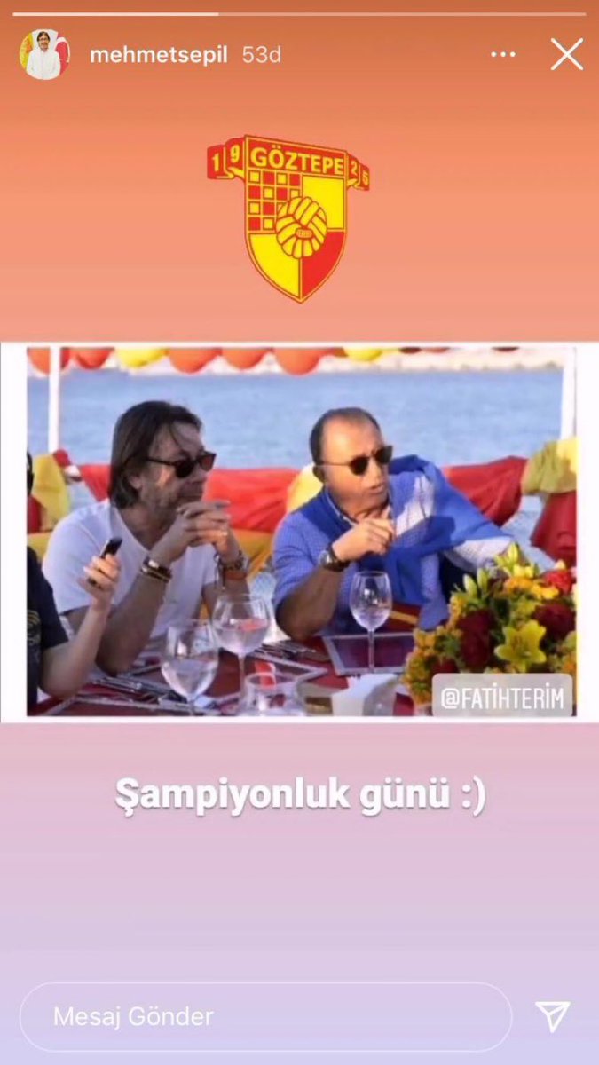 Göztepe Başkanı Mehmet Sepil'in Fatih Terim'le olan paylaşımı:

"Şampiyonluk günü."