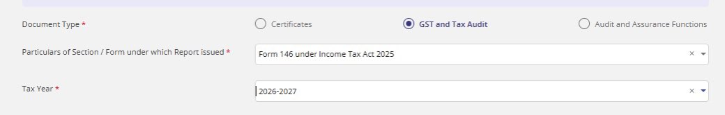 CAHimankSingla's tweet photo. Dear @theicai &amp; UDIN Directorate,

The option to generate UDIN for Form 146 (previously Form 15CB) is under GST and Tax Audit tab on the UDIN Portal.

Ideally it should be under Certificates. 🤷🏻‍♂️ https://t.co/MYBjmV11wO