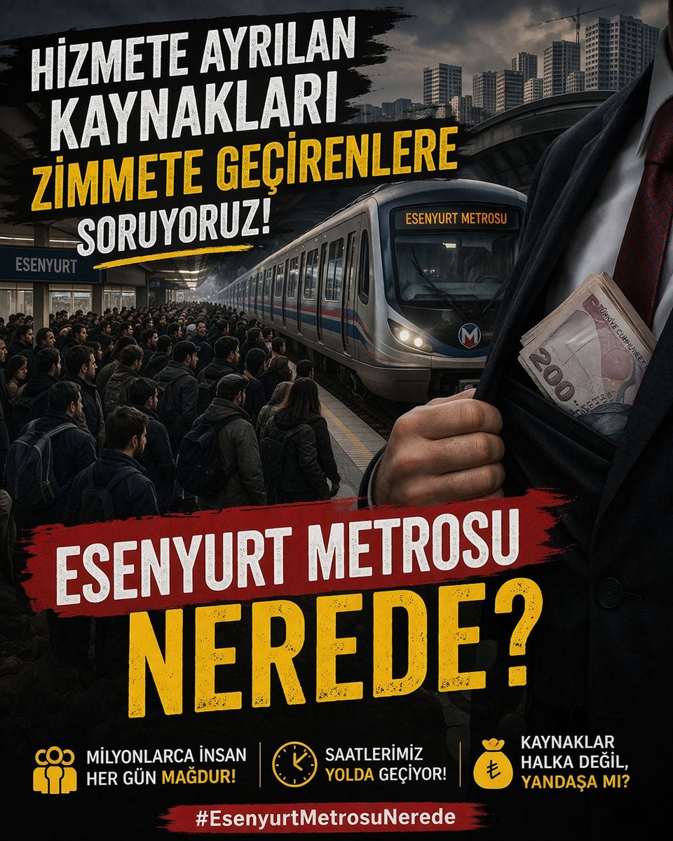 Bir şehrin en temel ihtiyacı ulaşımdır.
Esenyurt bu konuda yalnız bırakıldı.
#EsenyurtMetrosuNerede