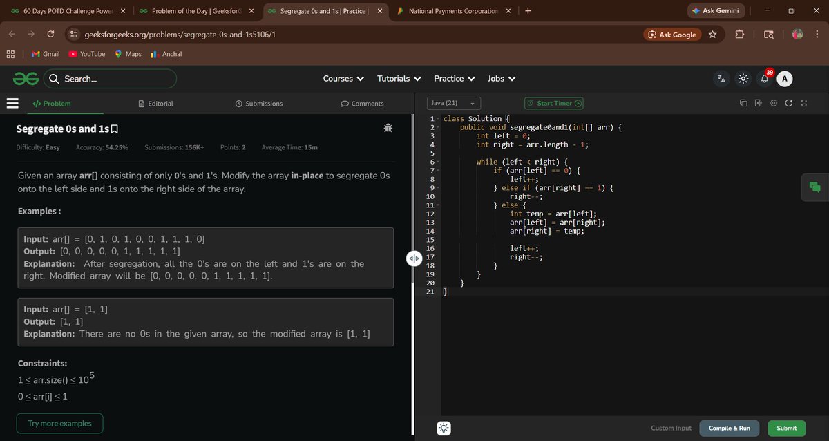 anchal_dwi38198's tweet image. Day 45/60 — #GeekStreak60 
POTD: Segregate 0s and 1s Two Pointer Approach
 Partition array so that all 0s come left &amp;amp; 1s right
 Use left &amp;amp; right pointers
 Swap when left = 1 and right = 0
 @GeeksforGeeks
@NPCI_NPCI#DSA #TwoPointers #Array #100DaysOfCode