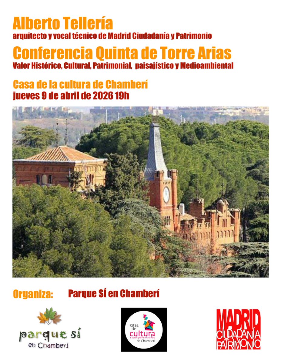 Este jueves 9 a las 19:00 en la <a href="/CasaChamberi/">Casa Cultura y Participación Ciudadana Chamberí</a> (c/Balmes 1) CONFERENCIA sobre el valor histórico, cultural,patrimonial, paisajístico y medioambiental de la Quinta de Torre Arias a cargo del arquitecto Alberto Tellería, vocal técnico de <a href="/madridcyp/">MCyP / #SOSPatrimonio</a>. No te lo pierdas.