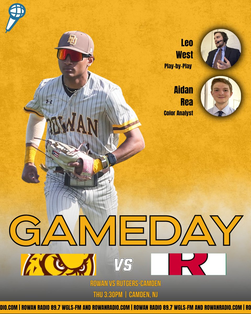 WGLSSports's tweet photo. GAMEDAY!
@RowanBaseball_ travels to Camden to take on the Scarlet Raptors with first pitch at 3:30pm!
PBP: @leowestbomb
Color: @AidanRea1
Producing: @NicholasMa03 and @GregMazzo21
Live on https://t.co/DaHAVxEjwK Channel 2! #ProfNation https://t.co/grXjkvCRRv
