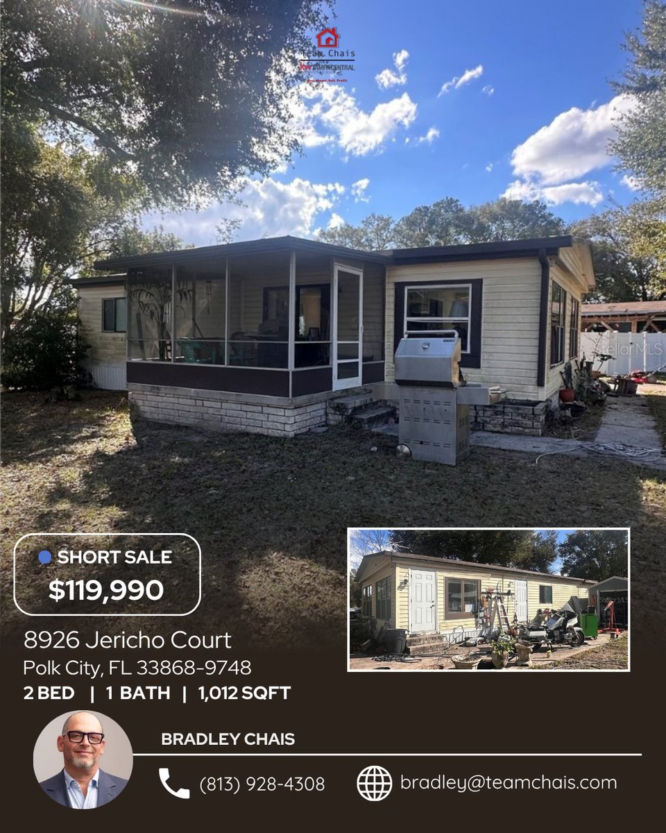 TeamChais's tweet image. 🏡 PRICED FOR POTENTIAL IN A PRIME LOCATION

📍 8926 Jericho Court, Polk City, FL 33868
Short Sale
Now: $119,990!

Contact Bradley Chais
📞 +1 (813) 928-4308
🌐 teamchais.com

#ShortSale #InvestmentOpportunity #PolkCity #FloridaRealEstate #TeamChais