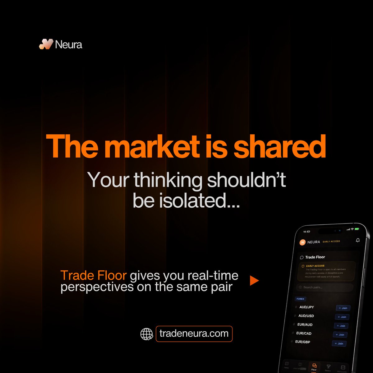 TradeWithNeura's tweet photo. You ever take a trade that made complete sense…

…and still feel unsure right after entering?

So you start questioning it.
Move your stop.
Close early.
Or worse… flip bias halfway.

Not because your setup was bad
but because you had no clarity in that moment.

That’s the part nobody talks about.

Trading isn’t just about finding setups
it’s about holding conviction while you’re in them.

And doing that alone?
That’s where most people slip.

That’s why the Trade Floor exists on Neura.

You search a pair:
USD/JPY
EUR/AUD

Join your pair and see how other traders are reading the same market in real time.

Not signals or noise.

Just shared context while the move is happening.

So instead of reacting off fear or doubt…
you make decisions with more clarity.

Try out Neura: https://t.co/SkqlArkqxP