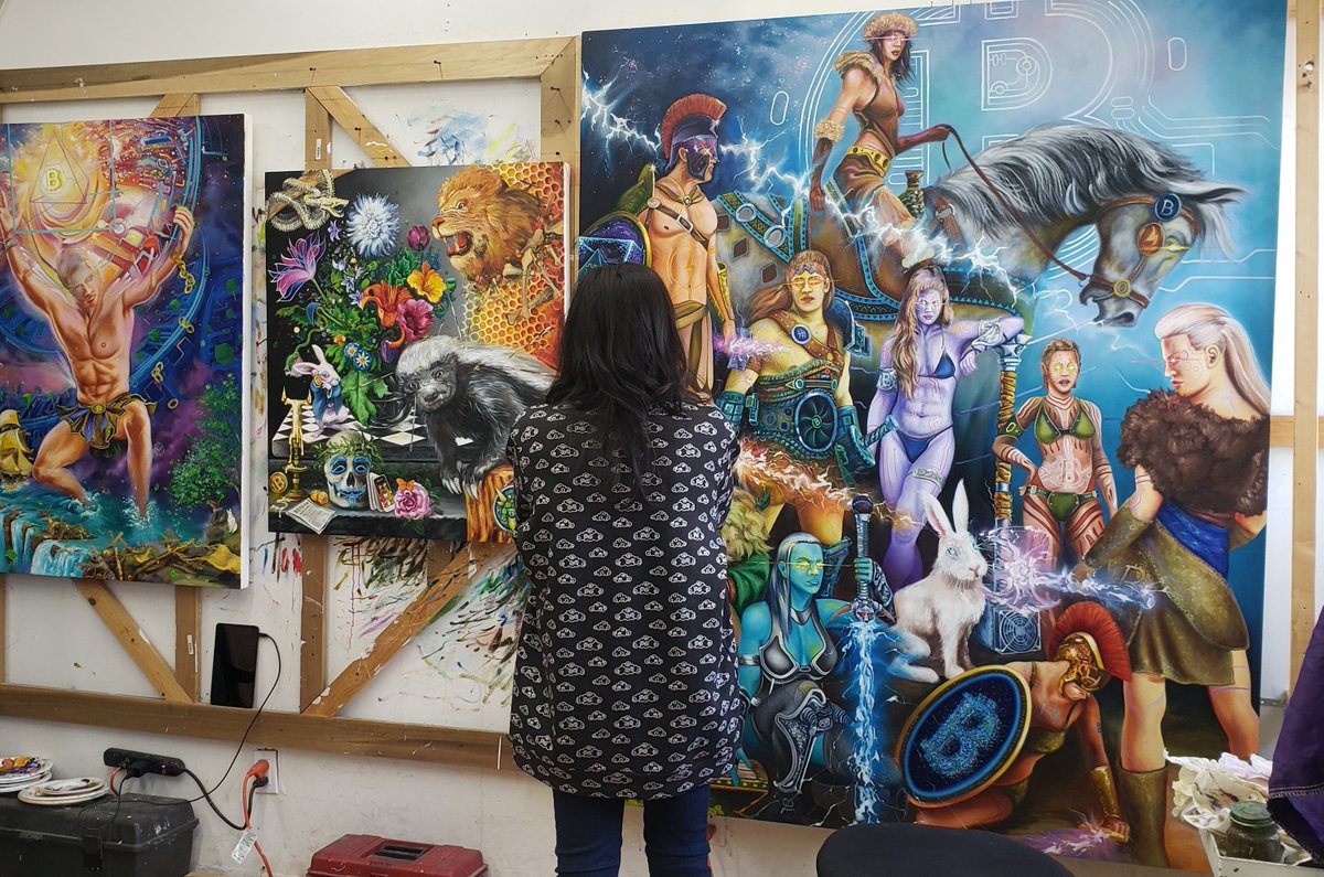 CollectionM_M's tweet photo. In a time we new this art was saying alot! 
Classic work by @KBStudioNYC his enter into the Bitcoin space 2021.
6x7 foot oil on canvas. Defenders! 
Tokens are still available here: https://t.co/M0oj9Tc88i https://t.co/NyrTFBc3S8