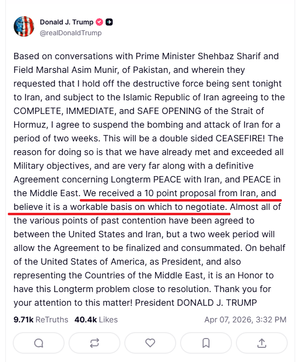 这是伊朗谈判提出的10个条件，懂子回应是这10点是“a workable basis”的。

这么丧权辱国的条约，要是懂子敢答应，那慈禧都要给他点个赞了,  黄川粉们，你们这下子要怎么赢？

1. 美国保证不再攻击
2. 伊朗继续控制霍尔木兹海峡
3. 承认伊朗的浓缩铀
4. 取消所有一级制裁
5. 取消所有的二级制裁
6.