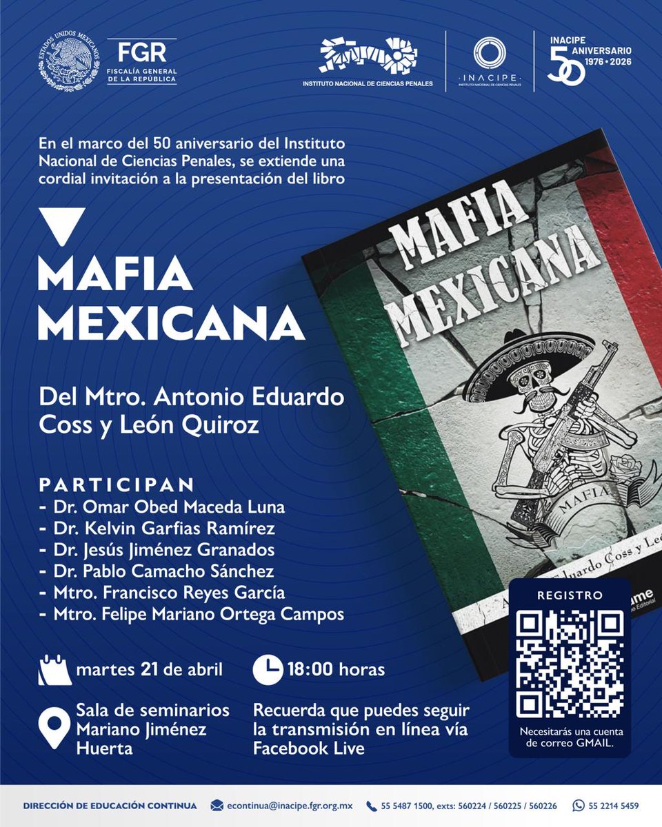 Agradezco la invitación de mi amigo <a href="/AntonioCoss7/">Antonio Coss</a> a la presentación de su libro "Mafia Mexicana" comentado  por expertos en #crimenorganizado.
La cita es el próximo 21 de abril a las 18:00 hrs en <a href="/INACIPE/">INACIPE</a>.
<a href="/FGRMexico/">FGR México</a>, <a href="/FGR_AIC/">AIC</a>, #libros, #librosrecomendados.