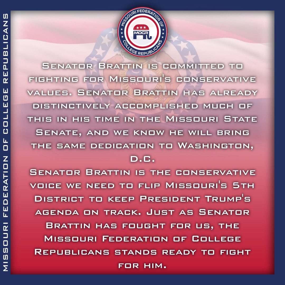 The Missouri Federation of College Republicans is proud to endorse <a href="/RickBrattin/">Rick Brattin</a> for Congress!
Let’s flip the 5th!
