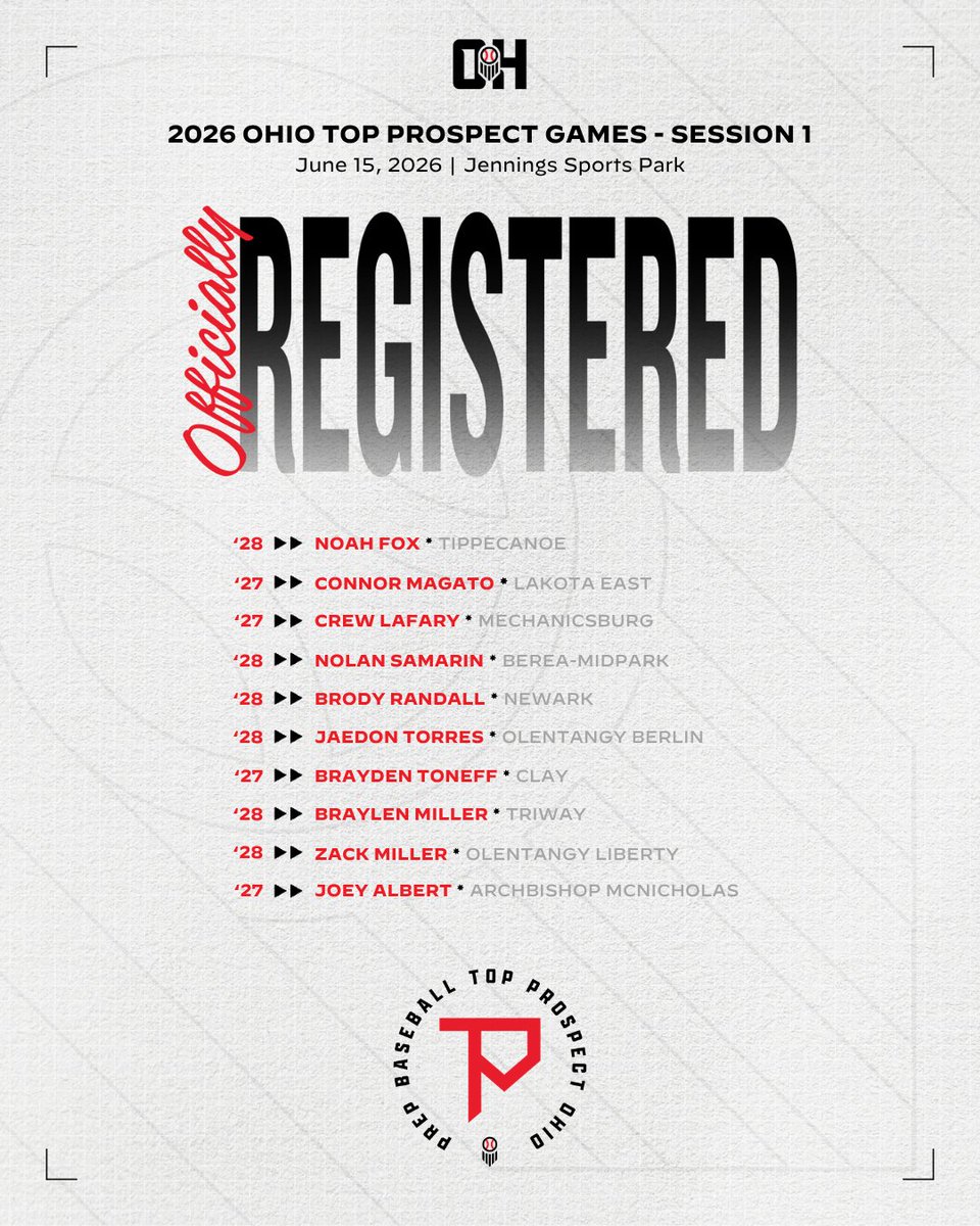 PrepBaseballOH's tweet image. 𝕆𝕙𝕚𝕠 𝕋𝕠𝕡 ℙ𝕣𝕠𝕤𝕡𝕖𝕔𝕥 𝔾𝕒𝕞𝕖𝕤
𝑅𝑜𝓈𝓉𝑒𝓇 𝒜𝒹𝒹𝒾𝓉𝒾𝑜𝓃𝓈

📝 Request Invite Below:
🔗 prepbsbl.com/3NWYHE8

📆 When:
▪️ June 15
🗣️ Who:
▪️ 2027-2028 Grads
📍 Where:
▪️ Jennings Sports Park

#BeSeen @PrepBaseball @PB_Uncommitted @noah_fox123 @Magato_connor
