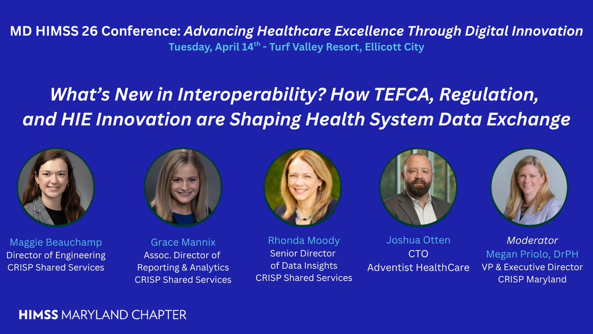 MDHIMSS's tweet photo. Interoperability continues to evolve and health systems continue to grow! Join us at our annual conference and hear how our panel of experts work within the ever-changing  expectations of Healthcare IT! 
https://t.co/W6VamdlC0N 
#HIMSS #MDHIMSS #MDHealth https://t.co/GFd8zxR6WP