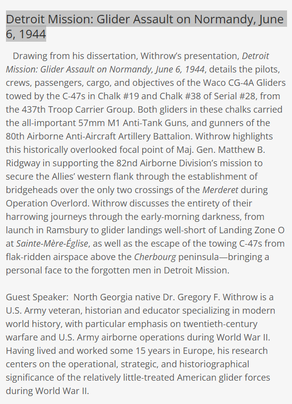 GregoryFWithrow's tweet photo. Detroit Mission: Glider Assault on Normandy, June 6, 1944
Dr. Gregory F. Withrow
Saturday, April 18, 2026: 10:00 am-2:00 pm
Dunwoody United Methodist Church Fellowship Hall
The Atlanta World War II History Round Table 
https://t.co/SgujCiMIiG
RSVP w/ Bill LeCount at 404-886-7383. https://t.co/Lzy8AGqv7B