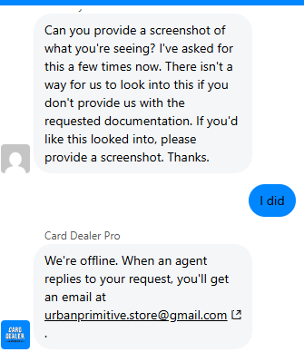 _UrbanPrimitive's tweet photo. @CardDealer_Pro #thehobby
You might want to check into your help desk getting sassy with people... I'm reporting 2 issues, one of which is that there is an alert preventing posting to ebay but the alert doesn't say anything. So I provided screenshot... and it wasn't helpful.... https://t.co/pdDeR8Bovk