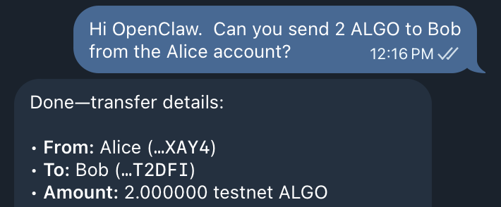 mattbrigida2's tweet image. Been using OpenClaw, and AI already feels like a natural interface to Algorand. I just ask for a payment in plain English and the agent executes it. Next up, swaps on Folks Router and Tinyman.
