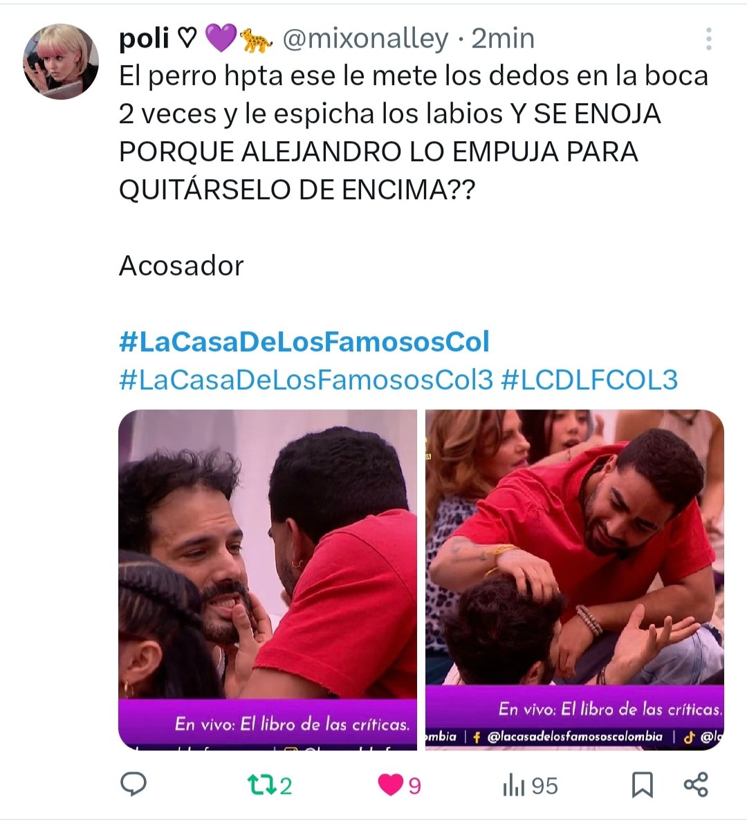 Kginneth3's tweet photo. #LaCasaDeLosFamososCol
Si tocó a Alejandro y nadie dijo nada https://t.co/sQdh4IBC3r