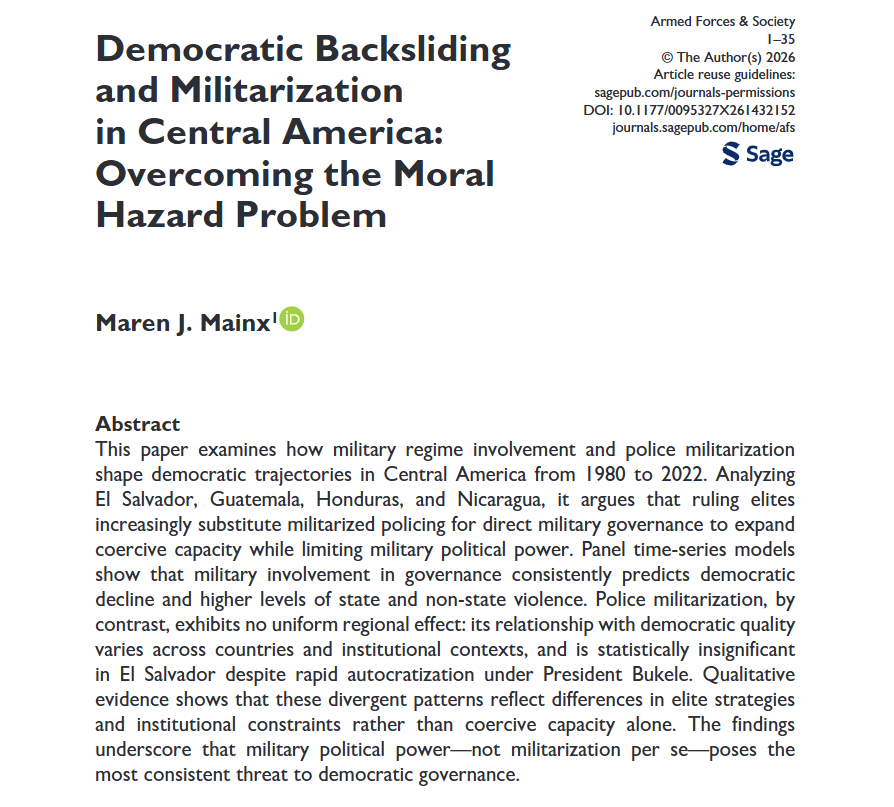 AFS_SAGE's tweet image. Check out this new article in #OnlineFirst! Democratic Backsliding and Militarization in Central America: Overcoming the Moral Hazard Problem - Maren J. Mainx, 2026 journals.sagepub.com/doi/10.1177/00…