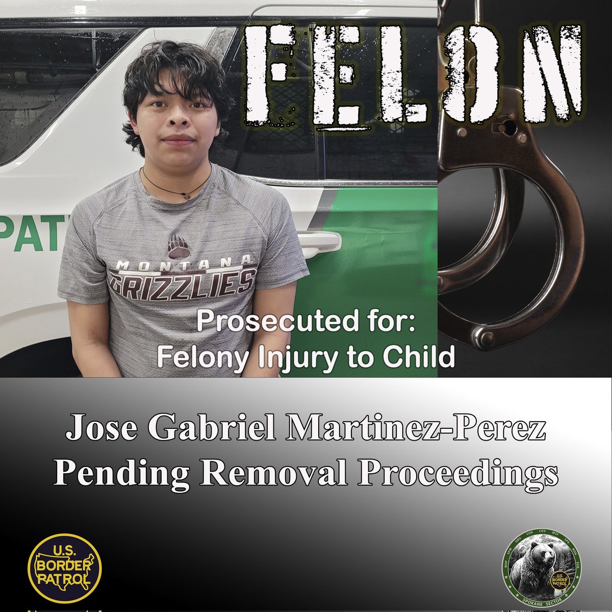 USBPChiefSPW's tweet image. Bonners Ferry Station BPAs arrested Jose Gabriel Martinez-Perez, a Guatemalan national who was illegally present in the U.S. This felon plead guilty to Felony Injury to a Child. 
He is being detained pending removal proceedings.
#SpokaneSector #BorderSecurity #HonorFirst