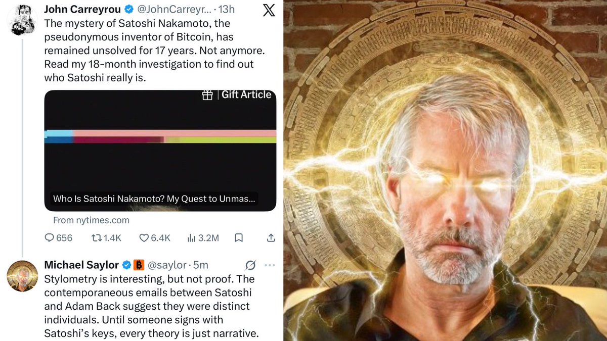 DegenerateNews's tweet image. NEW: @saylor SAYS “THE CONTEMPORANEOUS EMAILS BETWEEN SATOSHI AND ADAM BACK SUGGEST THEY WERE DISTINCT INDIVIDUALS. UNTIL SOMEONE SIGNS WITH SATOSHI’S KEYS, EVERY THEORY IS JUST NARRATIVE”