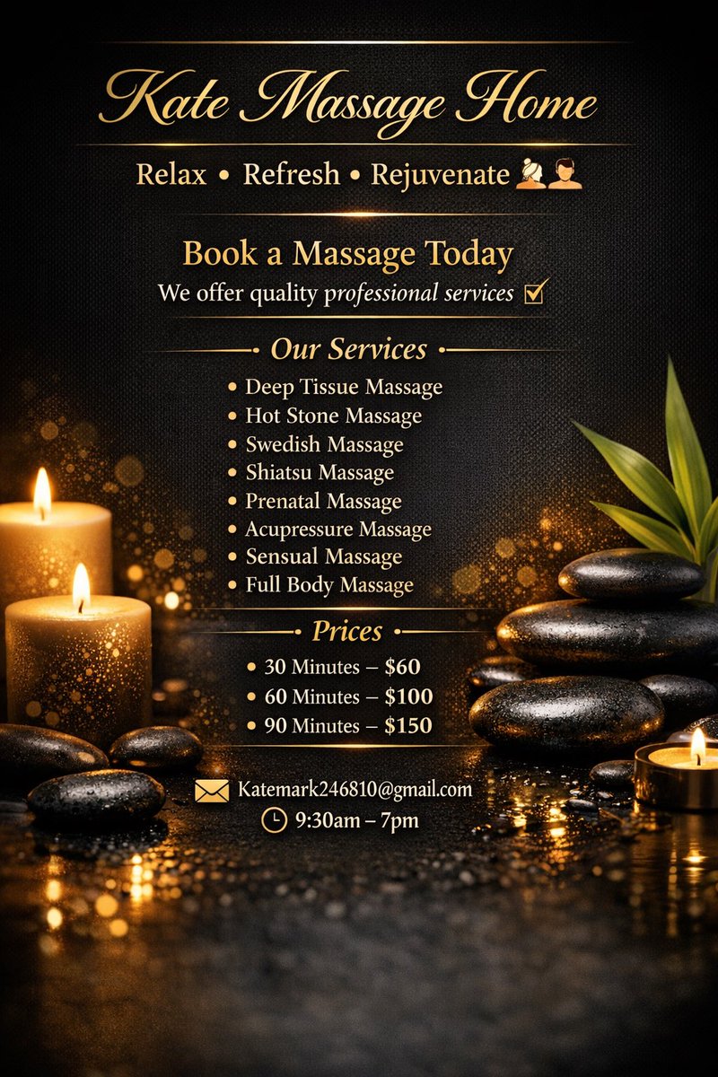 demimark24's tweet photo. Book a massage today 💆‍♂️💆‍♀️
We offer quality services ✅ 

30 Minutes - ($60)
60 Minutes - ($100)
90 Minutes - ($150)

📞Bookings &amp; appointments :
Katemark246810@gmail.com
⏱️Opening hours: 9:30am - 7pm https://t.co/fzTFVju0CH