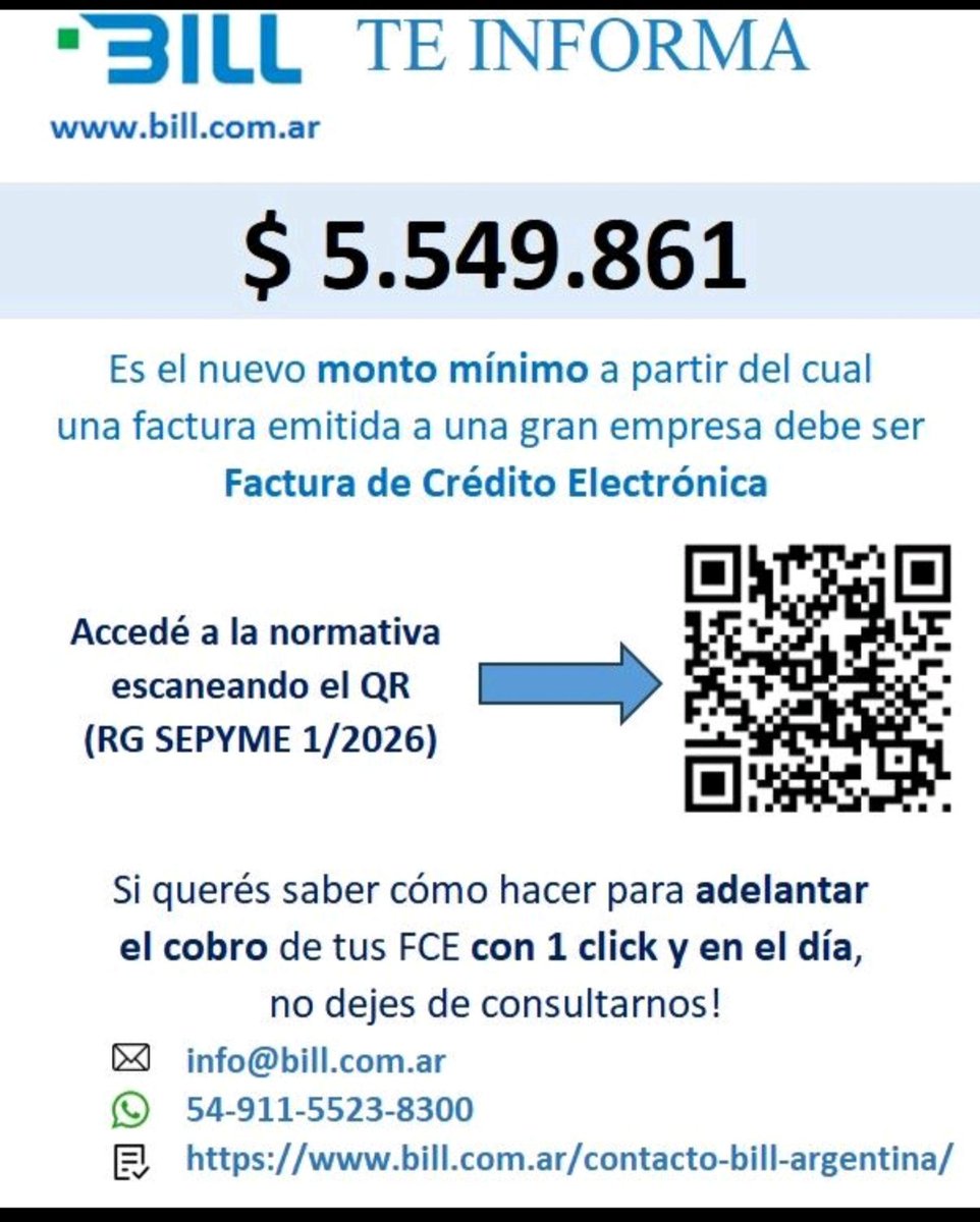 BILL_com_ar's tweet photo. Nuevo monto minimo para que una factura sea FCE, vigente a partir de abril 2026.
#factura #facturación #Pyme #Pymes #Argentina #BILLGroup #SomosBILL https://t.co/TbWFvPsNkt