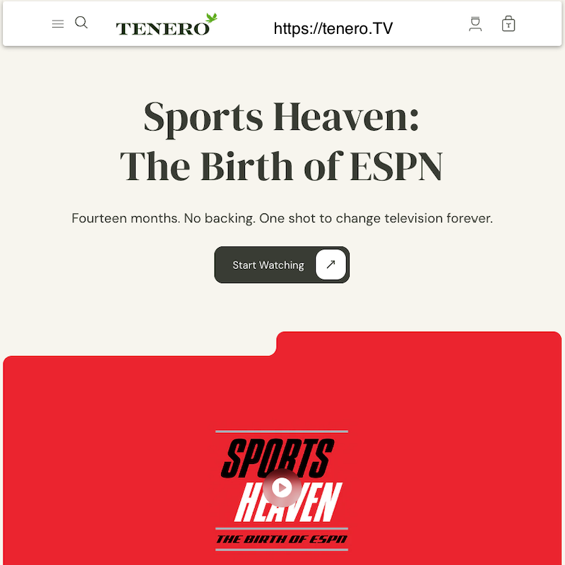Bill_ESPN's tweet photo. Sports Heaven: the Birth of ESPN documentary is now available on the streaming platform Tenero. 
It premiered on ESPN on Monday 4/6/2026. Now you can watch it on https://t.co/BXQSX7jctA https://t.co/SxN2J4wApI