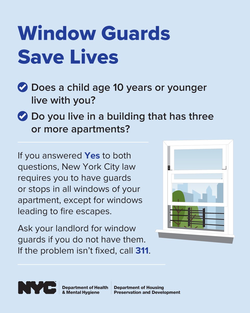 nycHealthy's tweet photo. It's #WindowSafetyWeek! Each year, young children are injured or die in falls from unguarded windows. These falls are preventable.
Make sure you have properly installed window guards: https://t.co/KLCLI5DPR5 @NYCHousing https://t.co/Ryp5zgSfuX