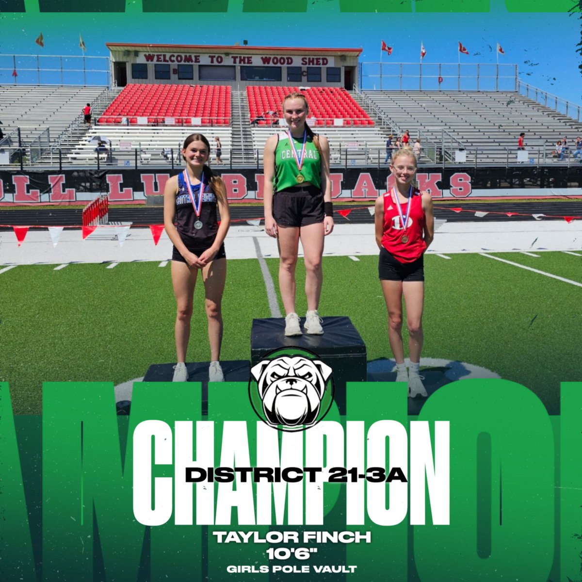 Our first medal of the District 21-3A Track &amp; Field Championships and - it's GOLD 🏆👏

Congratulations to Senior Taylor Finch for winning her THIRD straight District Championship in the pole vault. 🥇🥇🥇

#ALLIN #districtchamp #threepeat