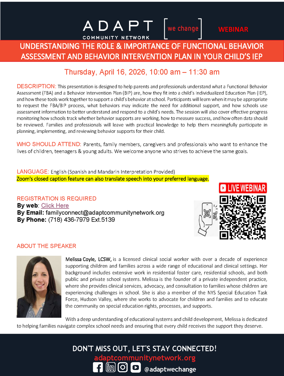 SenecaCountyDOH's tweet photo. WEBINAR OPPORTUNITY: Understanding the Role &amp; Importance of Functional Behavior Assessment and Behavior Intervention Plan in Your Child’s IEP.
REGISTRATION IS REQUIRED : https://t.co/2KWTsLcKWv
By Email: familyconnect@adaptcommunitynetwork.org
By Phone: (718) 436-7979 Ext.5139 https://t.co/ZWYRsXdsdk