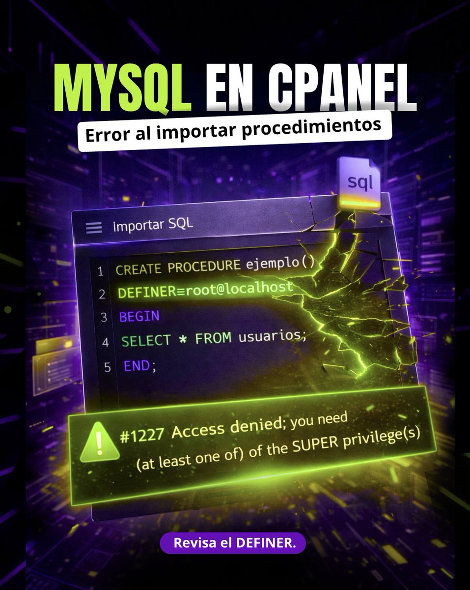 WebziApp's tweet image. ¿Error #1227 al importar procedimientos MySQL en cPanel?

La causa más común: un DEFINER incorrecto, como root@localhost, en un entorno donde no tienes privilegios SUPER.

Guía completa:
webzi.mx/help/error-al-…

#Webzi #cPanel #MySQL #phpMyAdmin #SQL