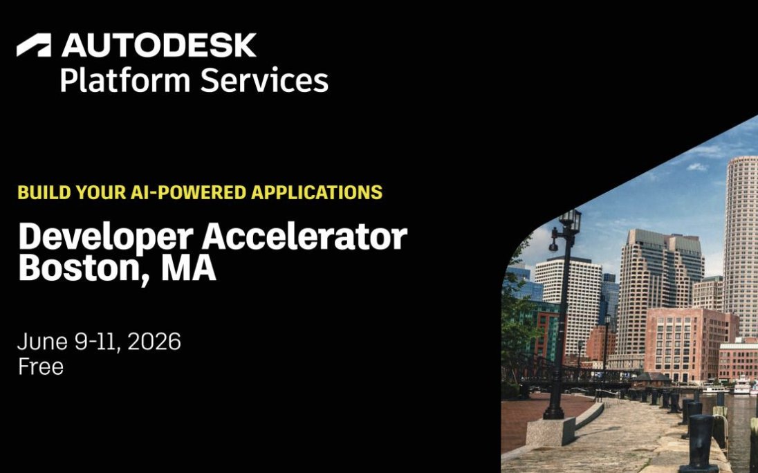 AutodeskAPS's tweet image. Have ideas to unlock the full potential of #AutodeskPlatformServices and #AI? Our APS Developer Accelerator in Boston is 3 days of hands-on coding to bring those ideas to life. We provide the tools, #APIs, and support—for FREE. Learn more and apply here: bit.ly/4tk2lGW