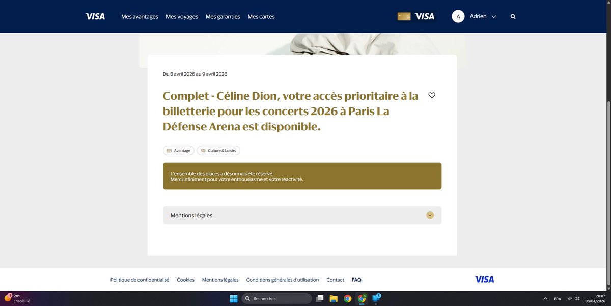 Eh voilà, comme prédit, c'est "complet" alors que personne n'a pu acheter de places....<a href="/Visa/">Visa</a> c'est honteux ! J'espére que Céline Dion va mettre un pile à Visa et AXS pour cette horrible gestion
