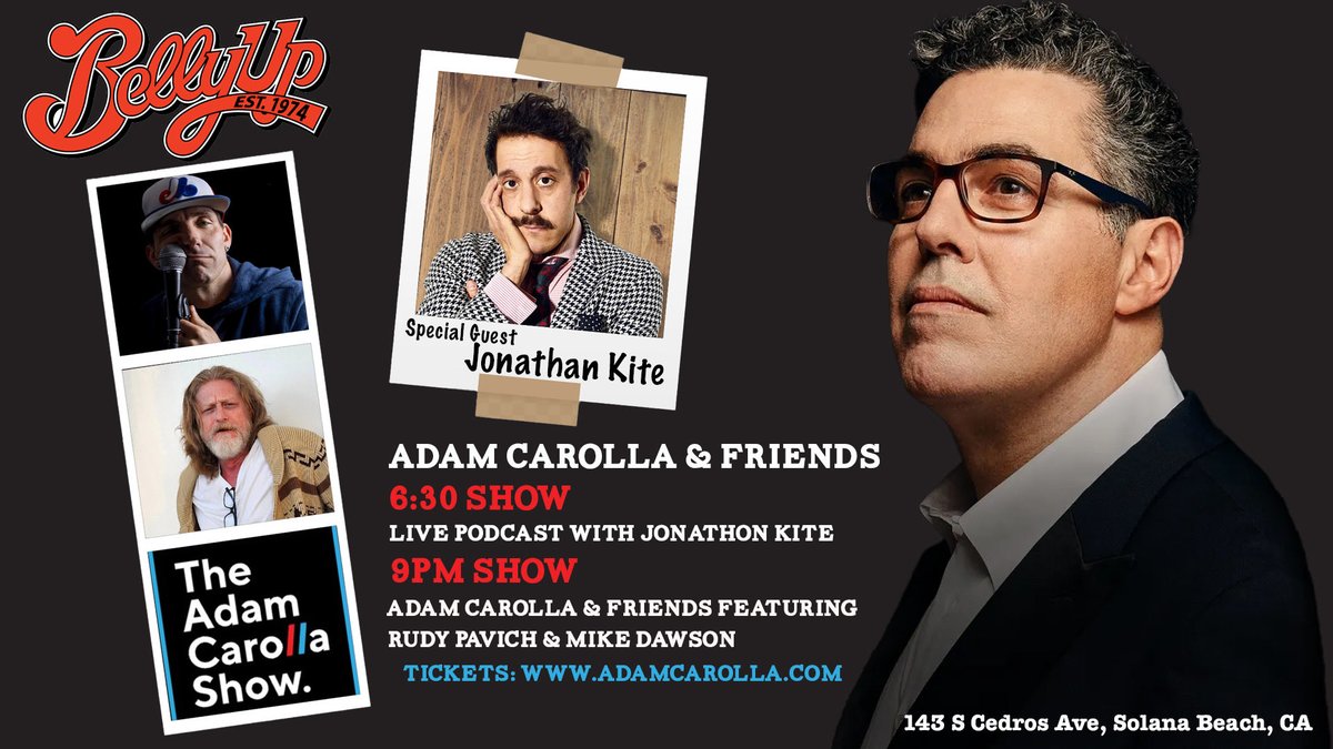 DawsAngeles's tweet photo. Sunday night in Solana Beach join Adam Carolla, Jonathan Kite, Rudy Pavich and me at Belly Up Tavern. Tickets at https://t.co/5it5nzJKd0 https://t.co/uy8xyOe2ze