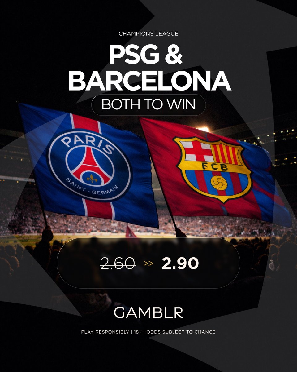 UEFA Champions League Quarter Finals. ⚽️

✅ Barcelona To Beat Atletico Madrid
✅ PSG To Beat Liverpool 

Boosted From 2.60 -> 2.90 On Gamblr. 🚀