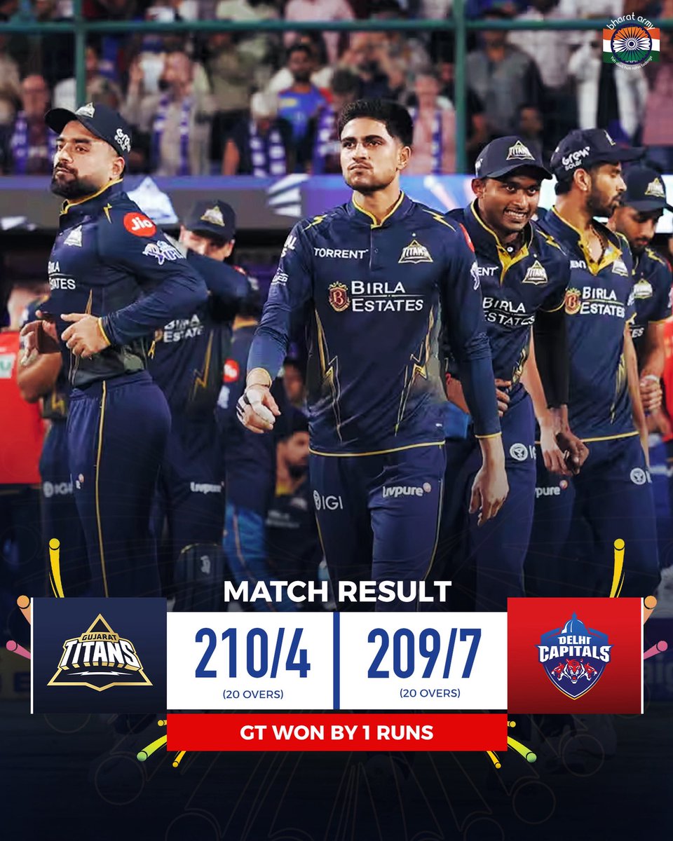 thebharatarmy's tweet image. Gujarat Titans won by 1 run on the final ball of the match. 

What a match 🔥🔥

📷-BCCI

#teamindia #dcvsgt #bharatarmy #coti🇮🇳 #ipl2026